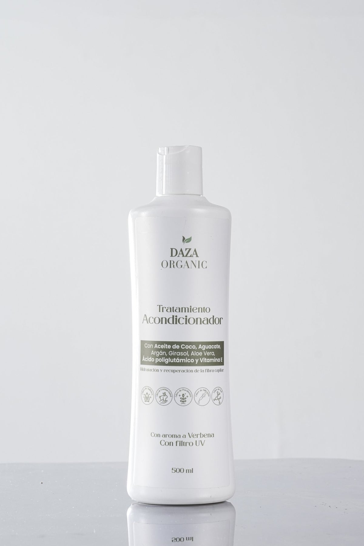 Frasco del Tratamiento Acondicionador de Daza Organic, 500 ml, sobre fondo gris claro.