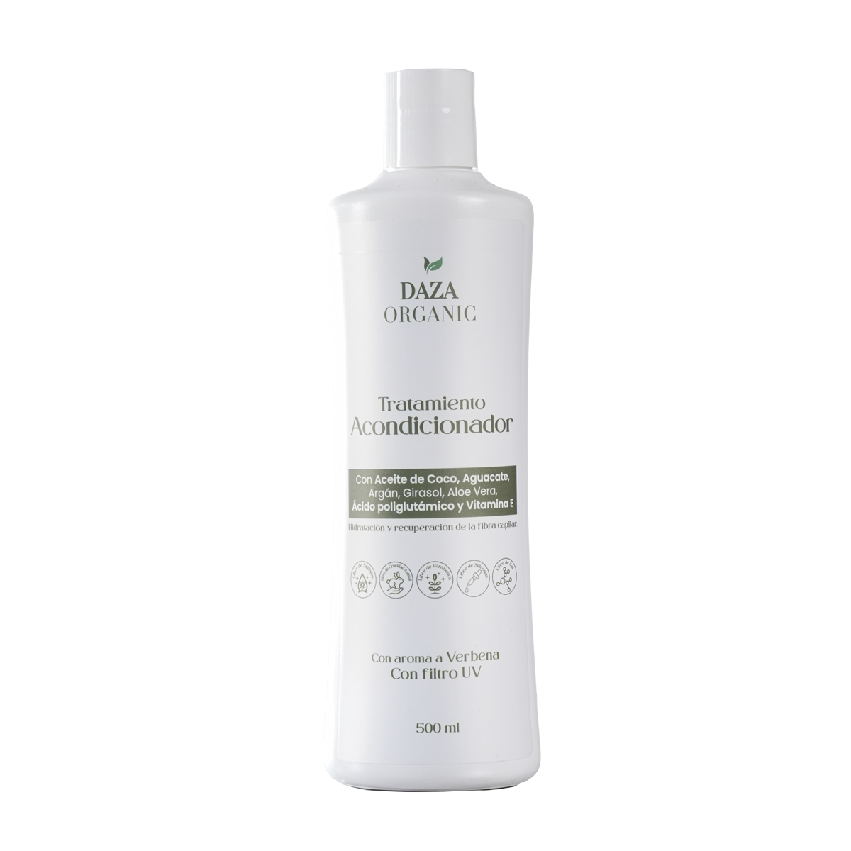 Frasco del Tratamiento Acondicionador de Daza Organic, de 500 ml, con aroma a verbena y filtro UV.