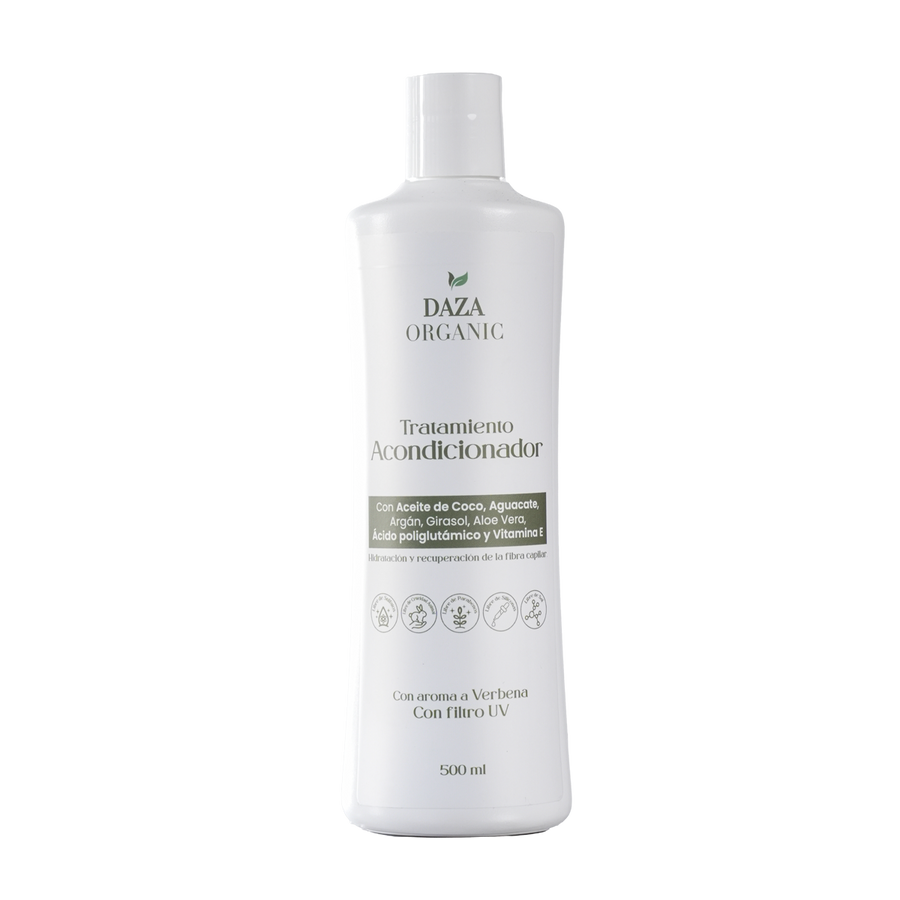 Frasco del Tratamiento Acondicionador de Daza Organic, de 500 ml, con aroma a verbena y filtro UV.