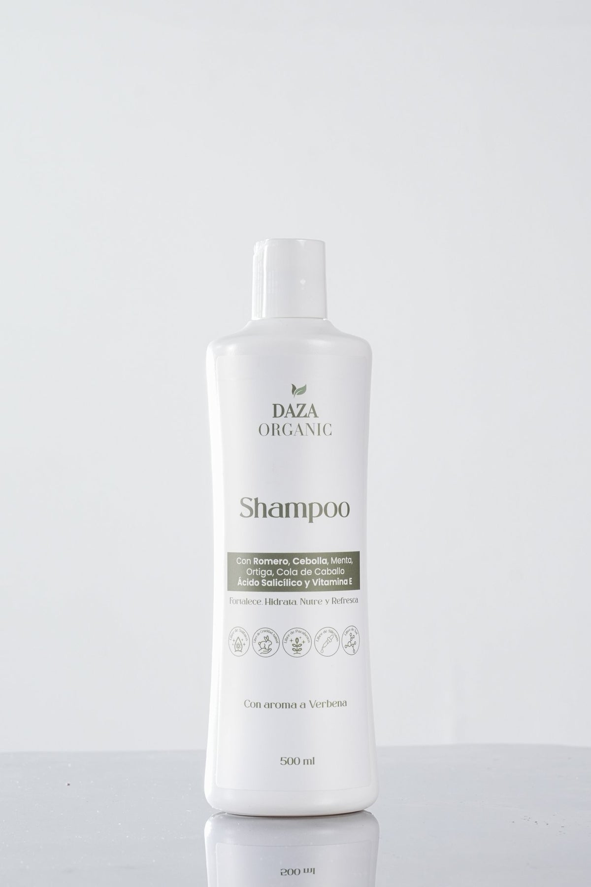 Frasco del Shampoo Nutritivo de Daza Organic, 500 ml, sobre fondo gris claro.