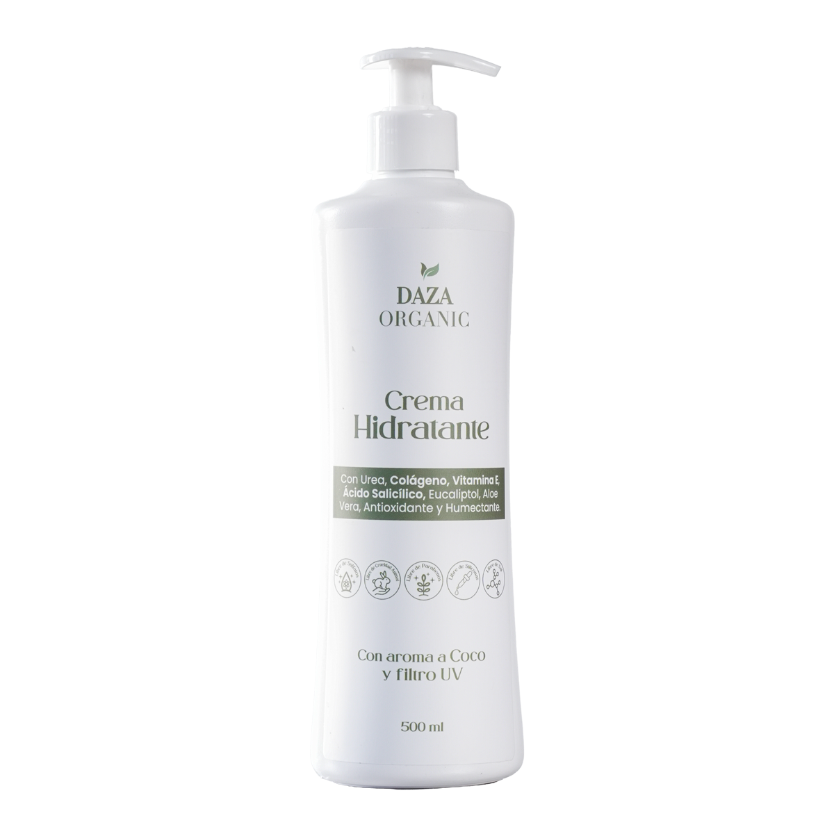 Frasco con dosificador de la Crema Hidratante de Daza Organic, de 500 ml, con aroma a coco y filtro UV.