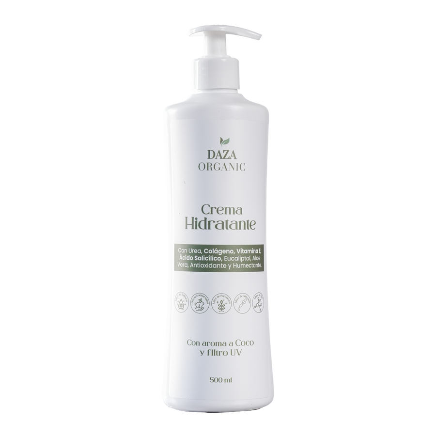 Frasco con dosificador de la Crema Hidratante de Daza Organic, de 500 ml, con aroma a coco y filtro UV.