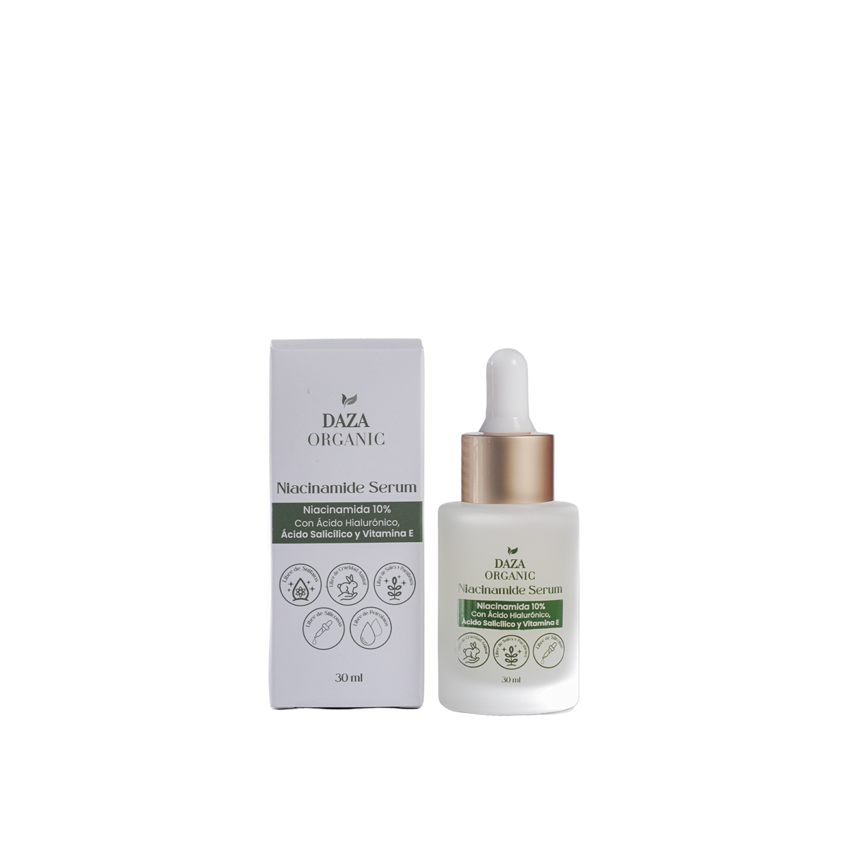 Frasco gotero del Niacinamide Serum de Daza Organic, de 30 ml, junto a su caja.