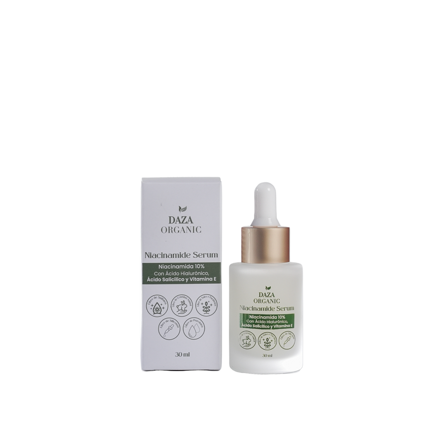 Frasco gotero del Niacinamide Serum de Daza Organic, de 30 ml, junto a su caja.