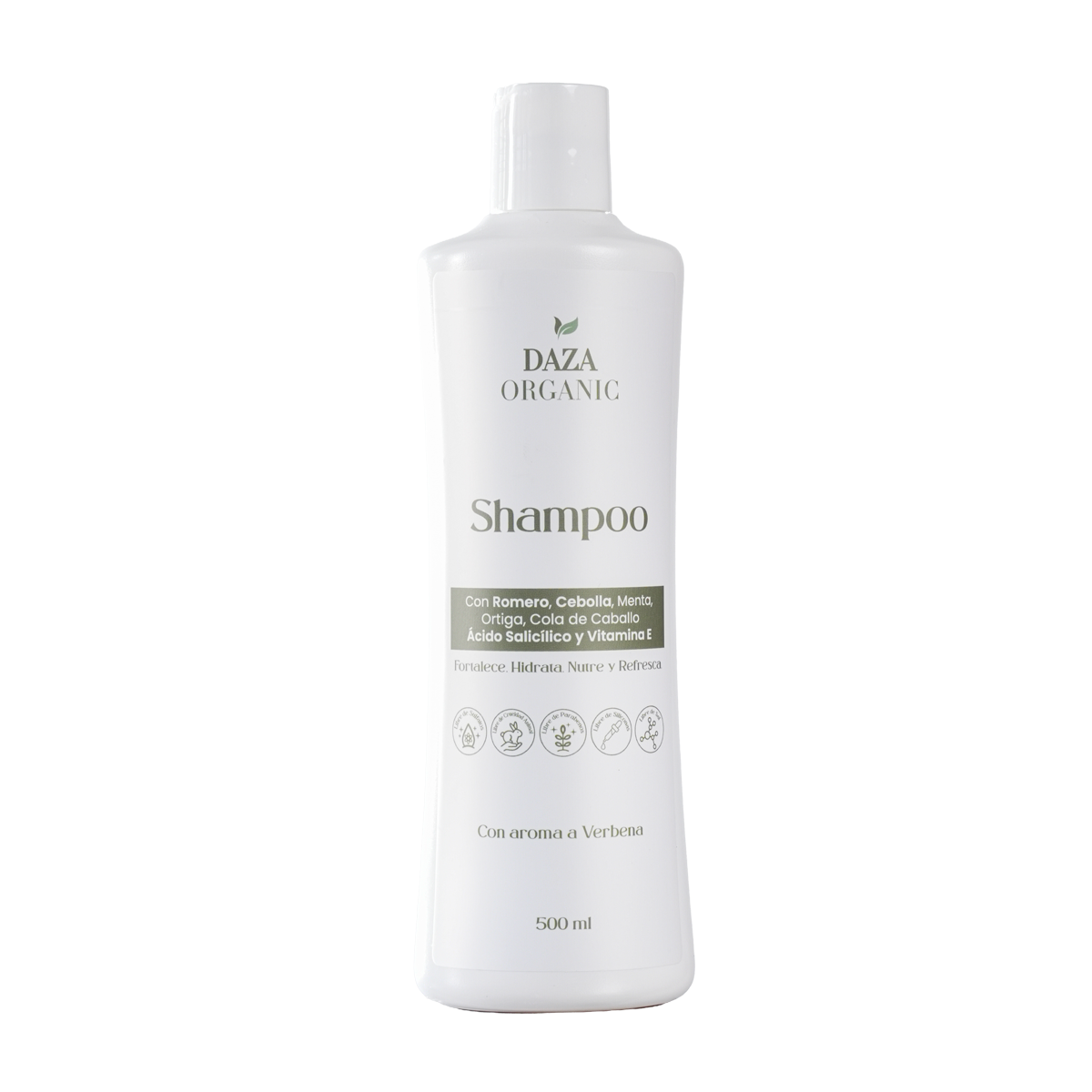 Frasco del Shampoo Nutritivo de Daza Organic, de 500 ml, con aroma a verbena.