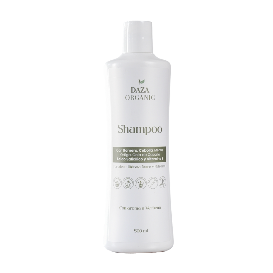 Frasco del Shampoo Nutritivo de Daza Organic, de 500 ml, con aroma a verbena.